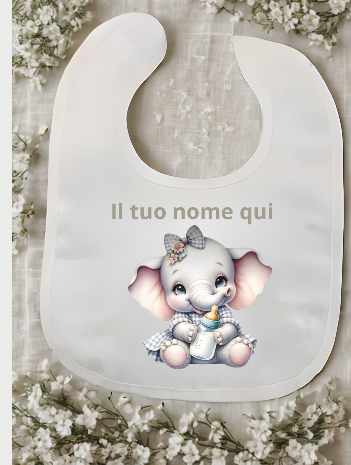 Bavaglino bianco personalizzato con nome – Stampa a tema variabile