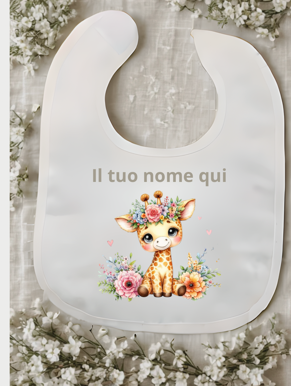 Bavaglino bianco personalizzato con nome – Stampa a tema variabile