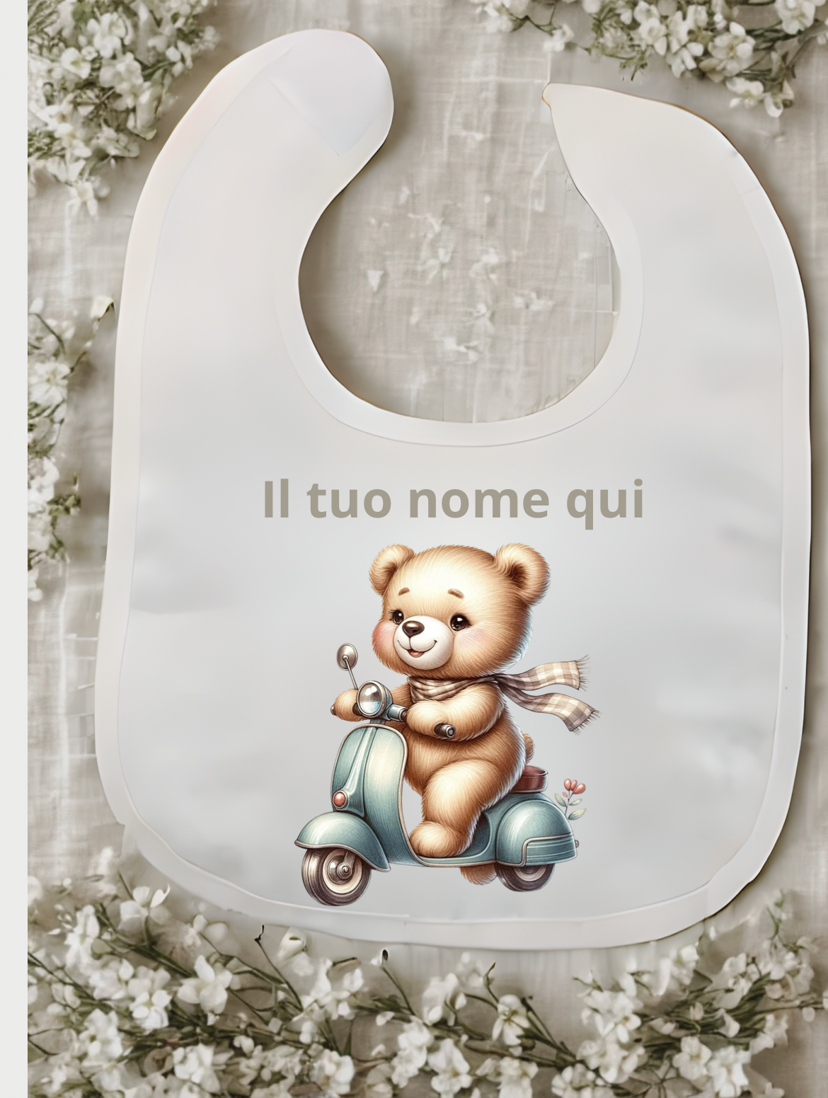 Bavaglino bianco personalizzato con nome – Stampa a tema variabile
