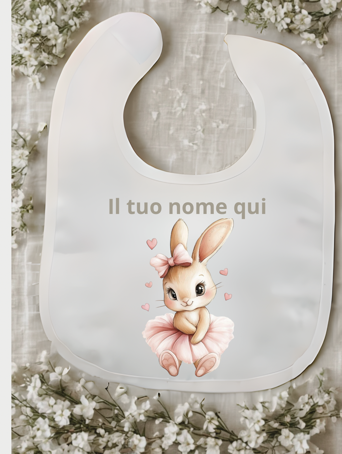 Bavaglino bianco personalizzato con nome – Stampa a tema variabile