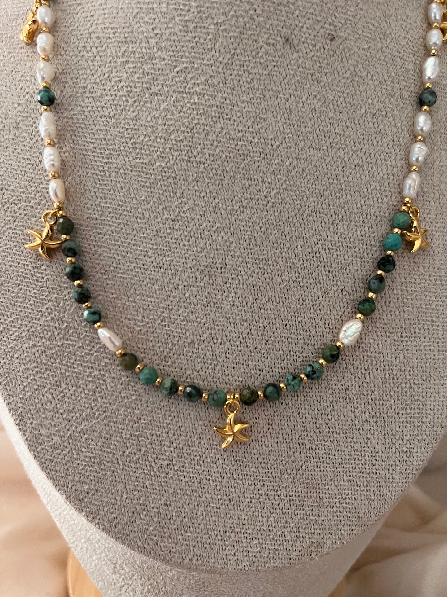 Collana con perle naturali, Turchese Africano e pendenti oro 18k