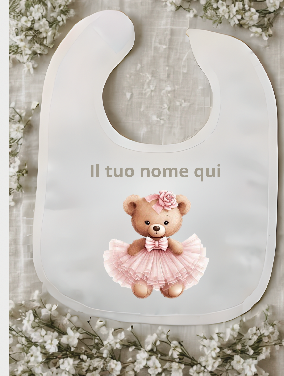 Bavaglino bianco personalizzato con nome – Stampa a tema variabile