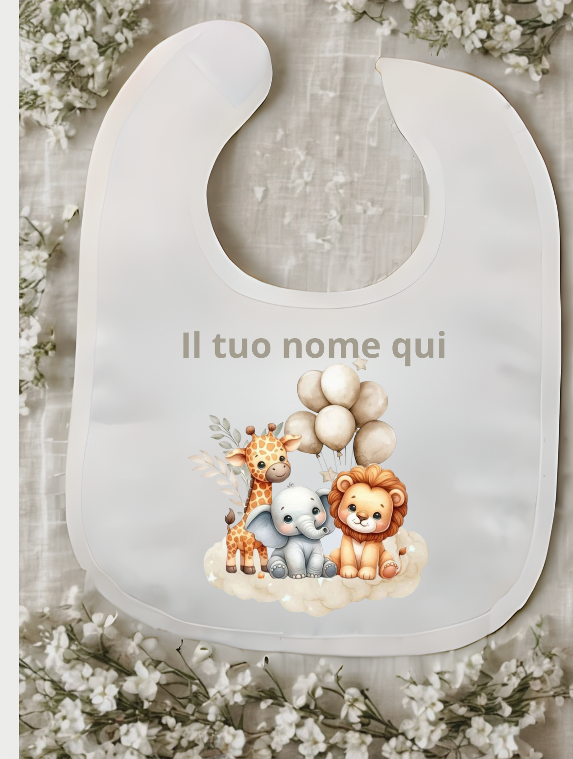 Bavaglino bianco personalizzato con nome – Stampa a tema variabile