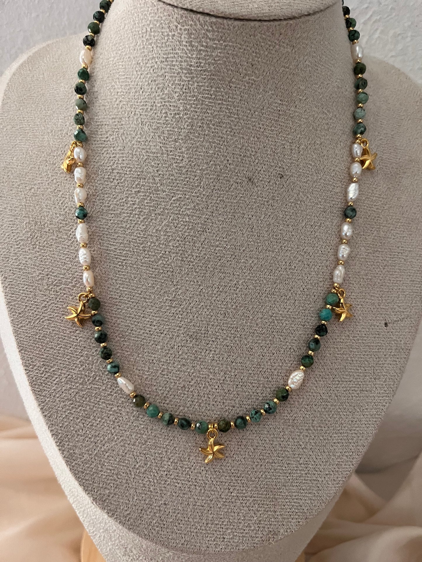 Collana con perle naturali, Turchese Africano e pendenti oro 18k