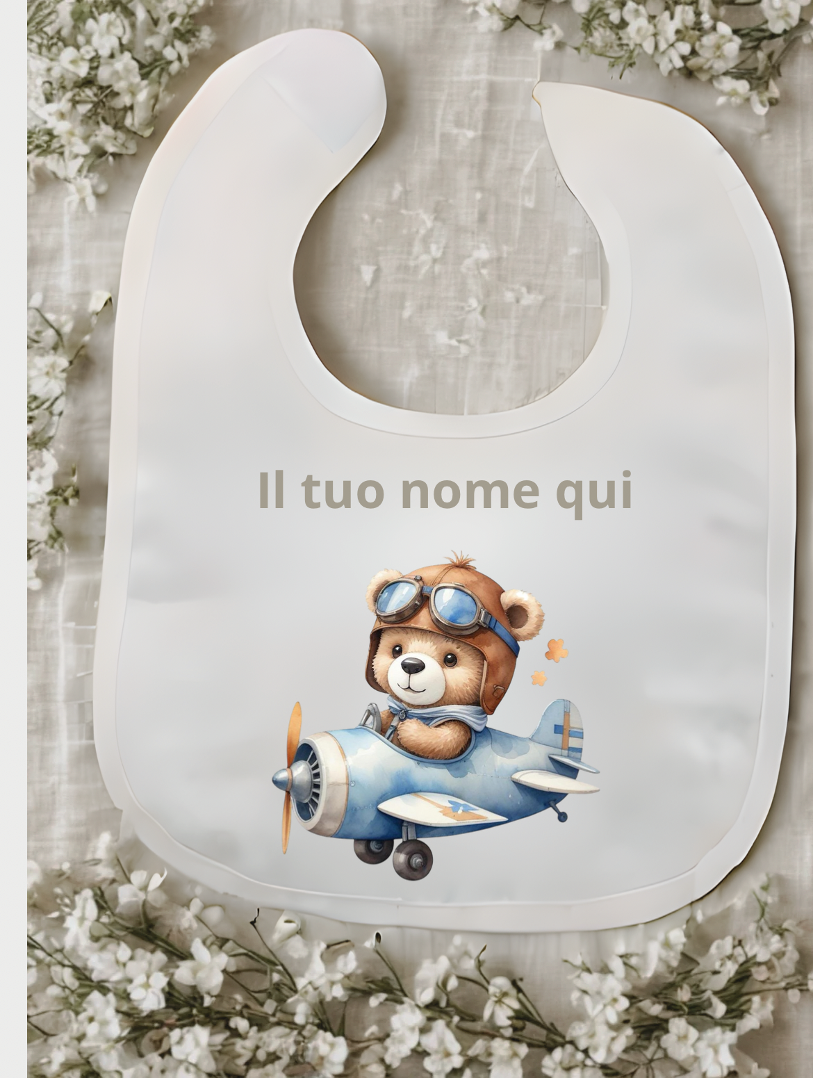 Bavaglino bianco personalizzato con nome – Stampa a tema variabile