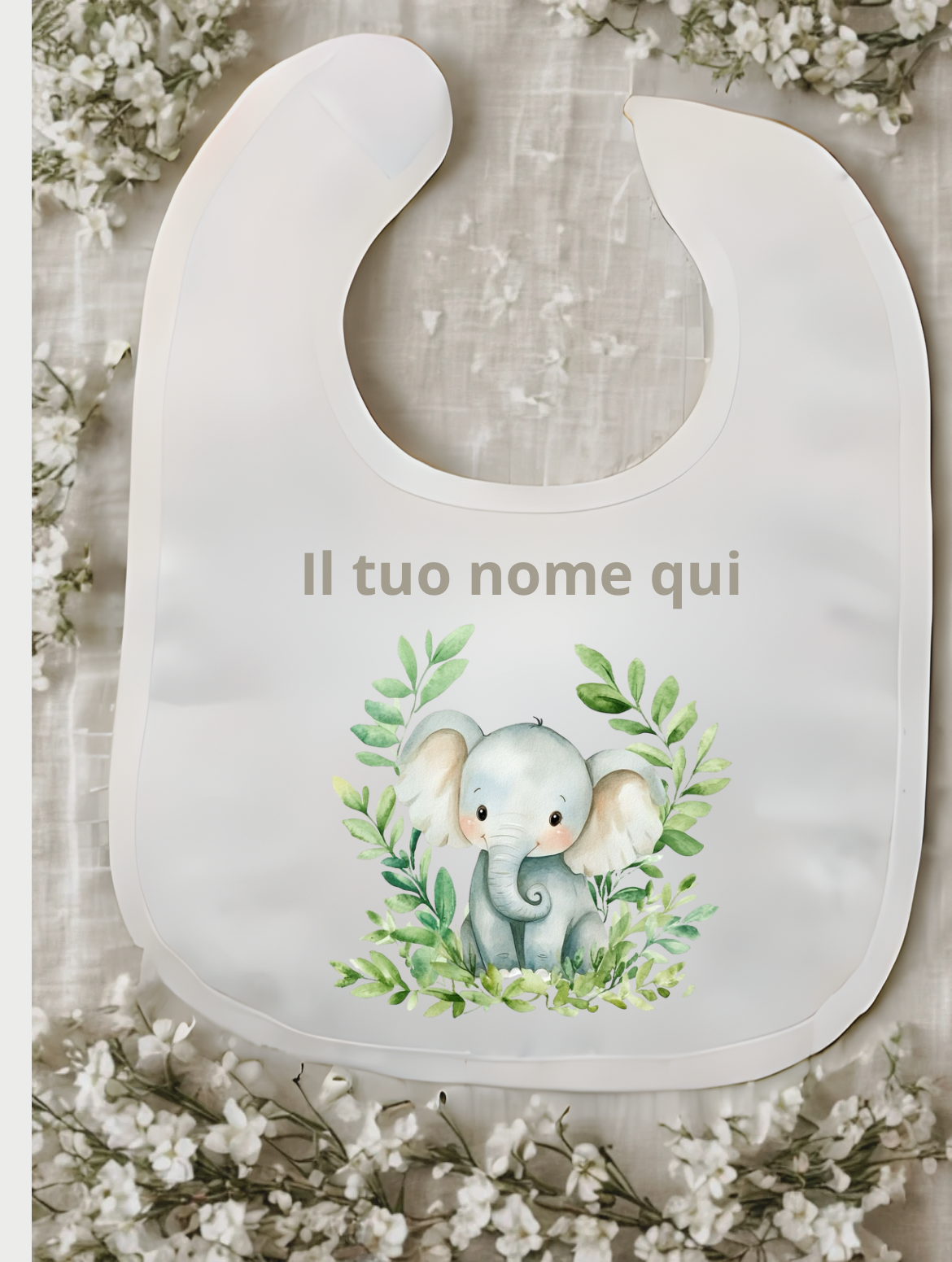 Bavaglino bianco personalizzato con nome – Stampa a tema variabile