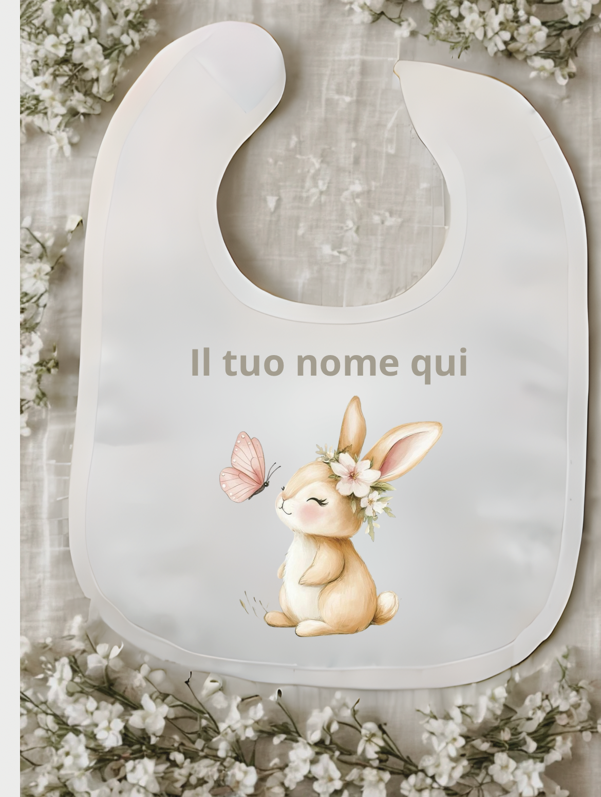 Bavaglino bianco personalizzato con nome – Stampa a tema variabile
