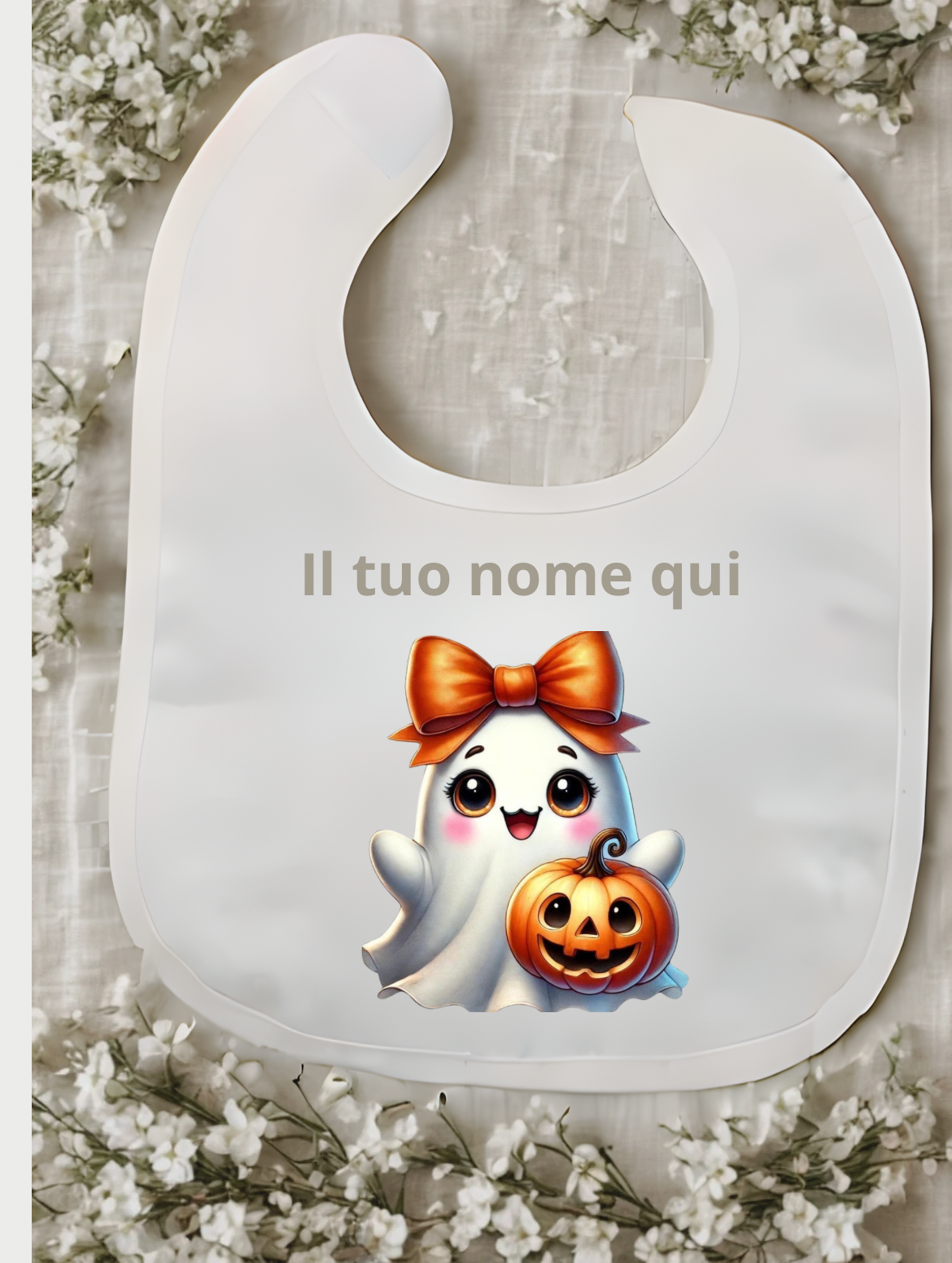 Bavaglino Halloween personalizzato con nome – Bianco, stampa a tema