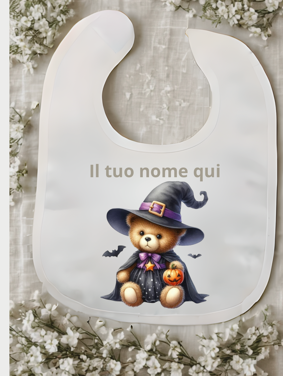 Bavaglino Halloween personalizzato con nome – Bianco, stampa a tema