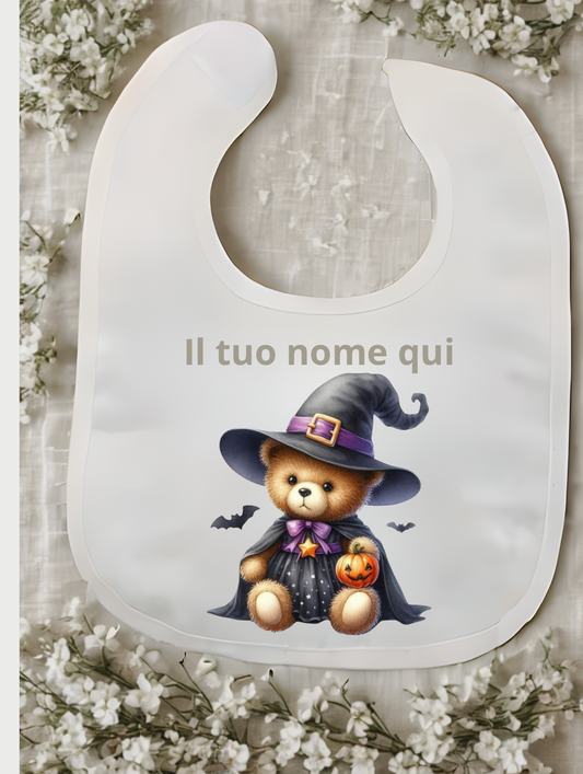 Bavaglino Halloween personalizzato con nome – Bianco, stampa a tema