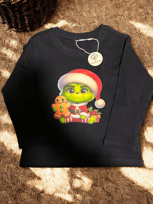 Maglietta bimbo natalizia manica lunga in cotone – Grinch con biscotto