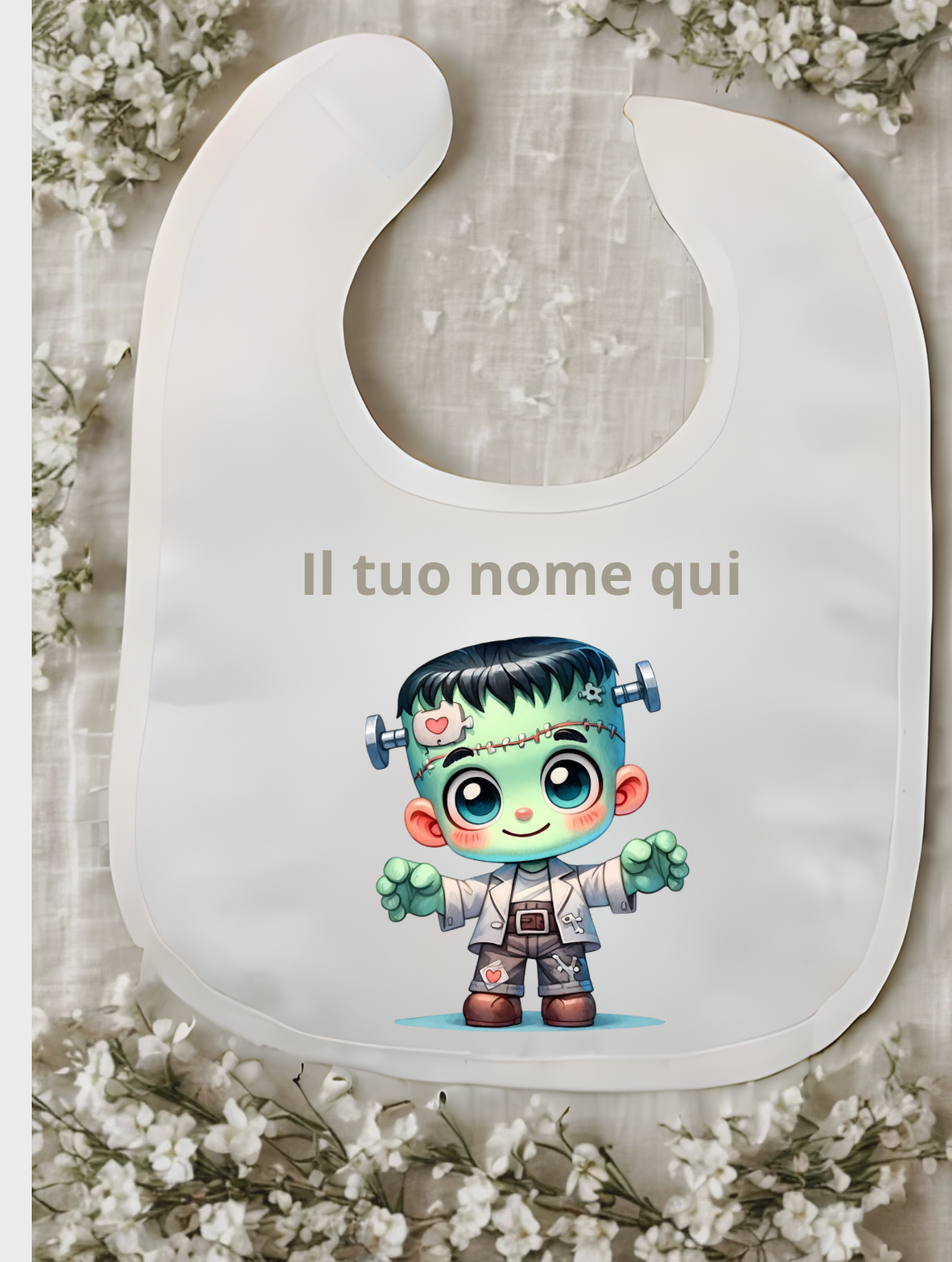 Bavaglino Halloween personalizzato con nome – Bianco, stampa a tema