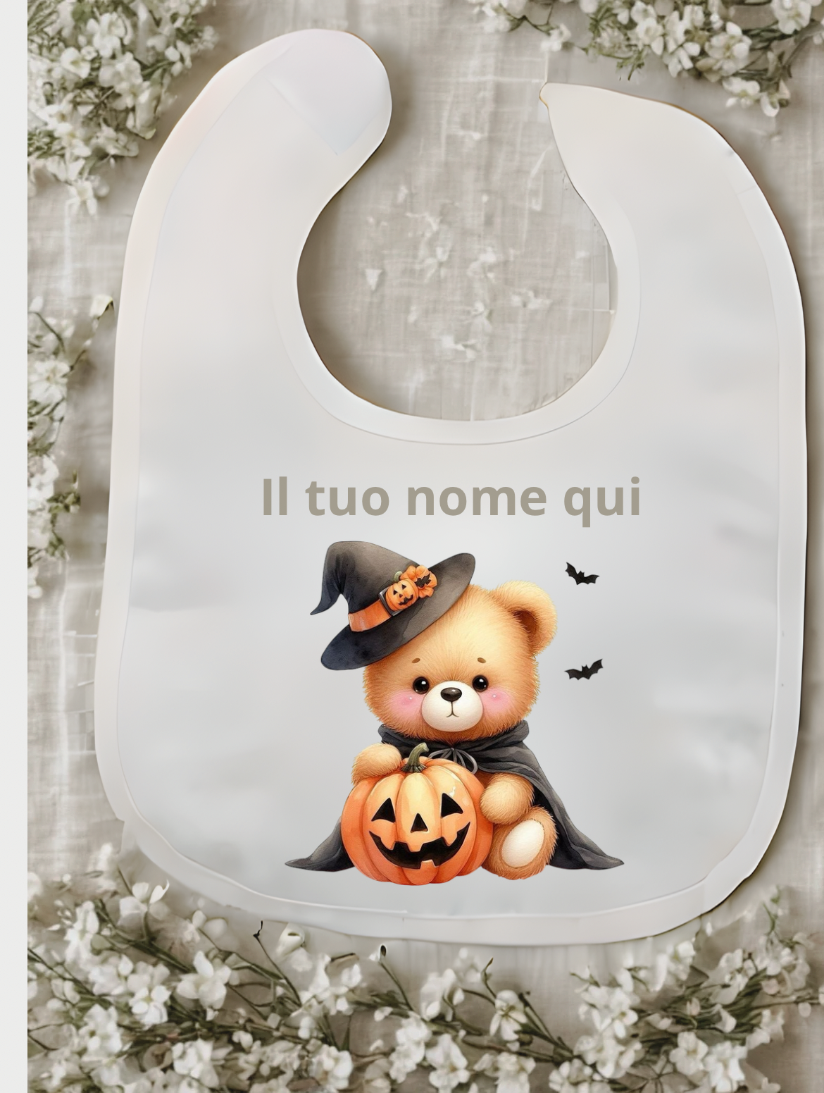 Bavaglino Halloween personalizzato con nome – Bianco, stampa a tema
