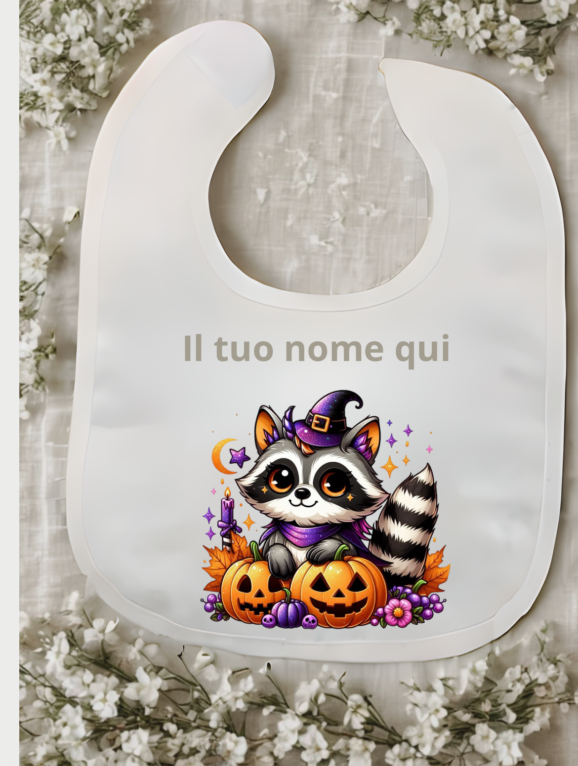 Bavaglino Halloween personalizzato con nome – Bianco, stampa a tema