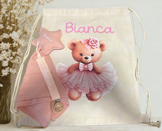 Set Nascita Personalizzato con Orsetta Ballerina – Sacca, Clip Portaciuccio e Dou Dou