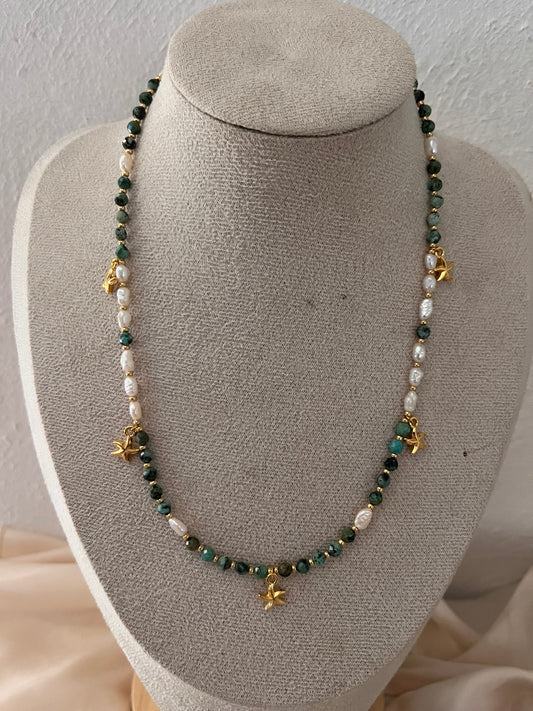 Collana con perle naturali, Turchese Africano e pendenti oro 18k
