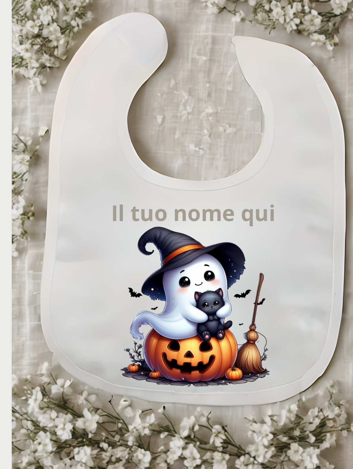 Bavaglino Halloween personalizzato con nome – Bianco, stampa a tema