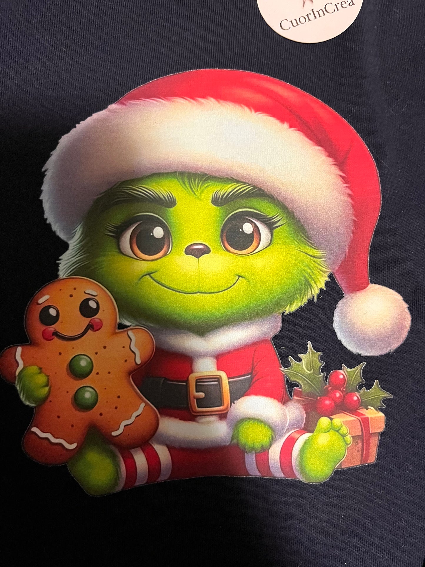 Maglietta bimbo natalizia manica lunga in cotone – Grinch con biscotto